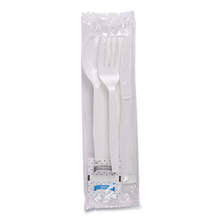 Six-Piece Cutlery Kit, Mediumweight, Fork/Knife/Napkin/Pepper/Salt/Spoon, Plastic, White, 250/Carton