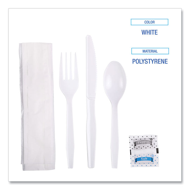 Six-Piece Cutlery Kit, Mediumweight, Fork/Knife/Napkin/Pepper/Salt/Spoon, Plastic, White, 250/Carton