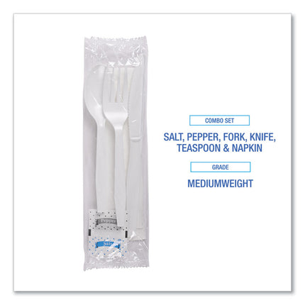 Six-Piece Cutlery Kit, Mediumweight, Fork/Knife/Napkin/Pepper/Salt/Spoon, Plastic, White, 250/Carton