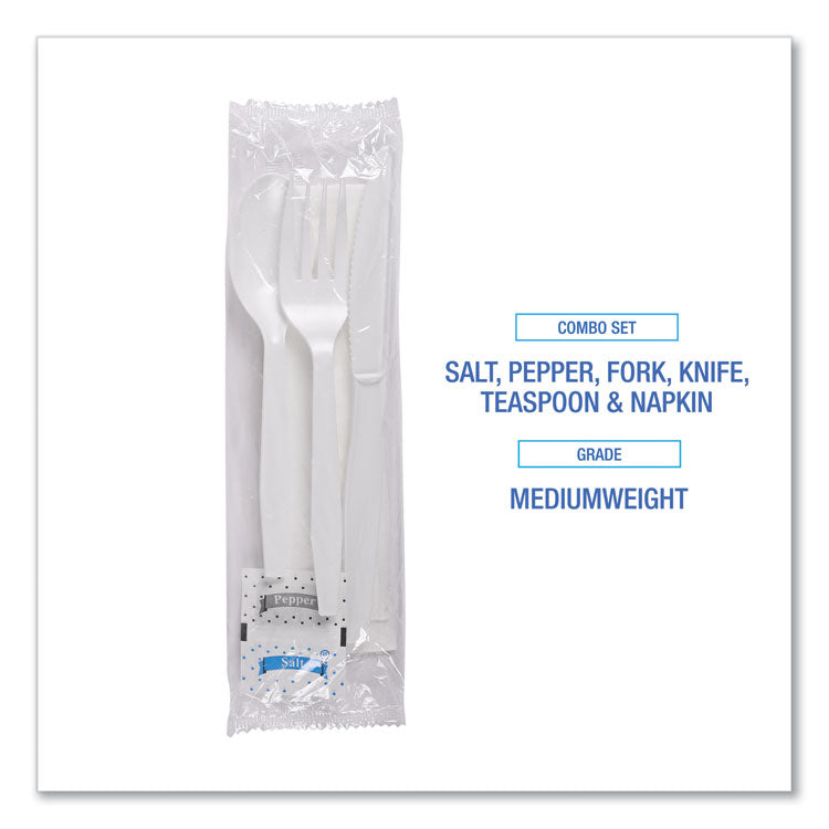 Six-Piece Cutlery Kit, Mediumweight, Fork/Knife/Napkin/Pepper/Salt/Spoon, Plastic, White, 250/Carton