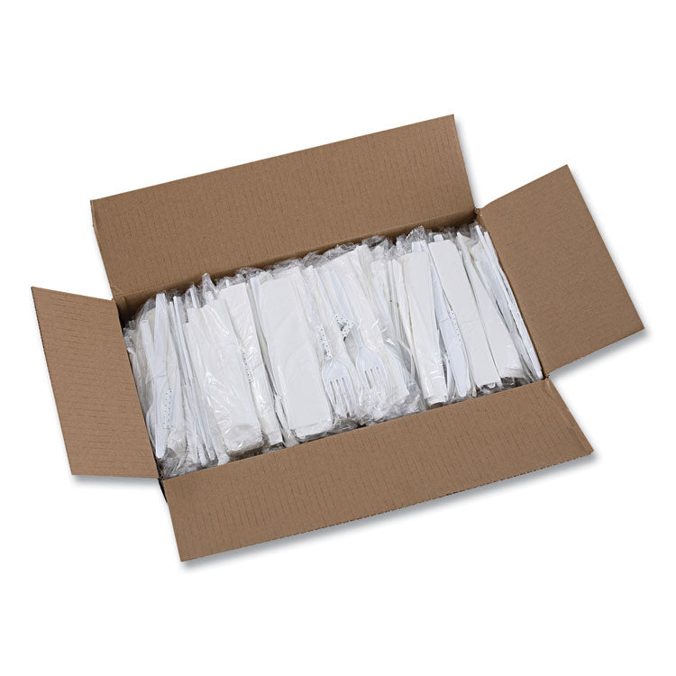 Six-Piece Cutlery Kit, Mediumweight, Fork/Knife/Napkin/Pepper/Salt/Spoon, Plastic, White, 250/Carton