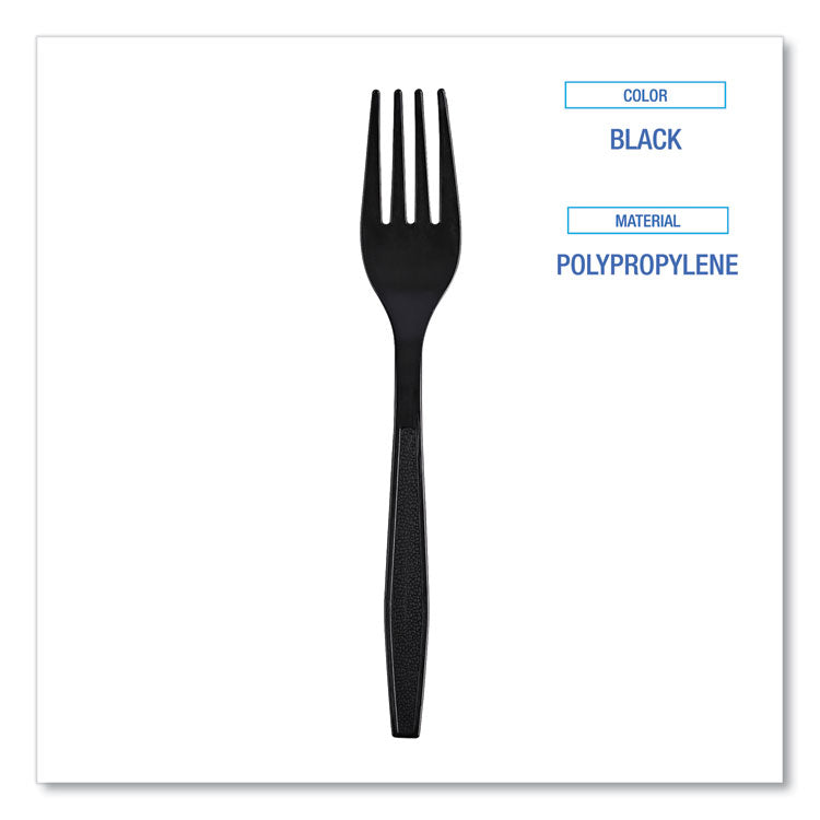 Heavyweight Wrapped Polypropylene Cutlery, Fork, Plastic, Black, 1,000/Carton