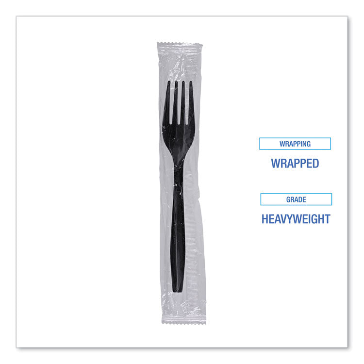 Heavyweight Wrapped Polypropylene Cutlery, Fork, Plastic, Black, 1,000/Carton