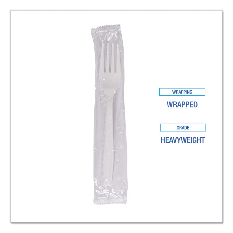 Heavyweight Wrapped Polypropylene Cutlery, Fork, Plastic, White, 1,000/Carton