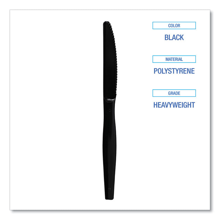 Heavyweight Polystyrene Cutlery, Knife, Plastic, Black, 1,000/Carton