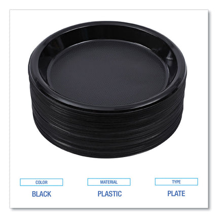 Hi-Impact Plastic Dinnerware, Plate, 10" dia, Black, 125/Sleeve, 4 Sleeves/Carton