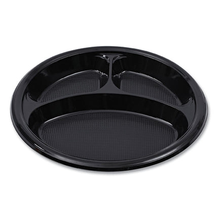 Hi-Impact Plastic Dinnerware, 3-Compartment Plate, 10" dia, Black, 125/Sleeve, 4 Sleeves/Carton