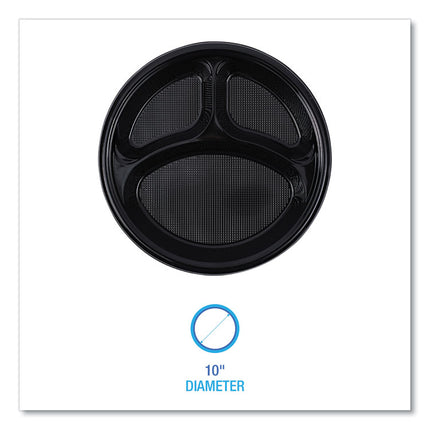 Hi-Impact Plastic Dinnerware, 3-Compartment Plate, 10" dia, Black, 125/Sleeve, 4 Sleeves/Carton