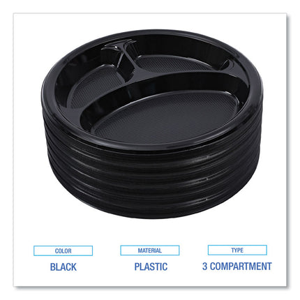 Hi-Impact Plastic Dinnerware, 3-Compartment Plate, 10" dia, Black, 125/Sleeve, 4 Sleeves/Carton