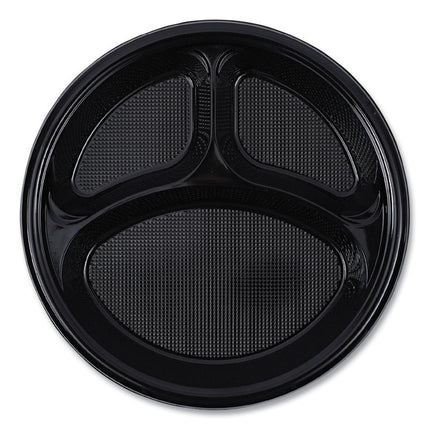 Hi-Impact Plastic Dinnerware, 3-Compartment Plate, 10" dia, Black, 125/Sleeve, 4 Sleeves/Carton