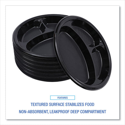 Hi-Impact Plastic Dinnerware, 3-Compartment Plate, 10" dia, Black, 125/Sleeve, 4 Sleeves/Carton