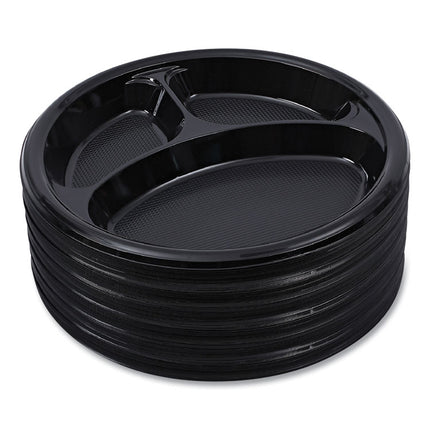 Hi-Impact Plastic Dinnerware, 3-Compartment Plate, 10" dia, Black, 125/Sleeve, 4 Sleeves/Carton