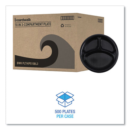 Hi-Impact Plastic Dinnerware, 3-Compartment Plate, 10" dia, Black, 125/Sleeve, 4 Sleeves/Carton