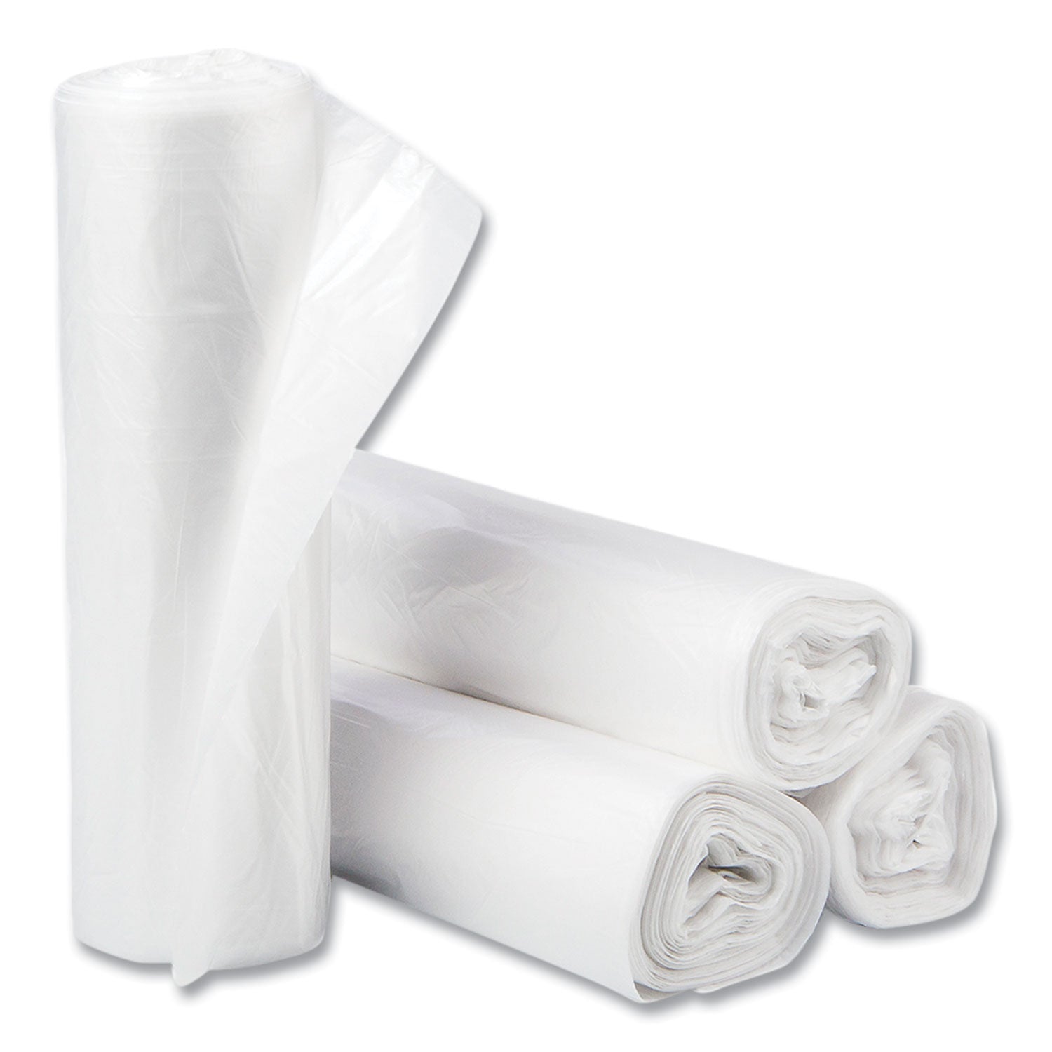 High-Density Commercial Can Liners, 30 gal, 10 mic, 30" x 37", Clear, Interleaved Roll, 25 Bags/Roll, 20 Rolls/Carton