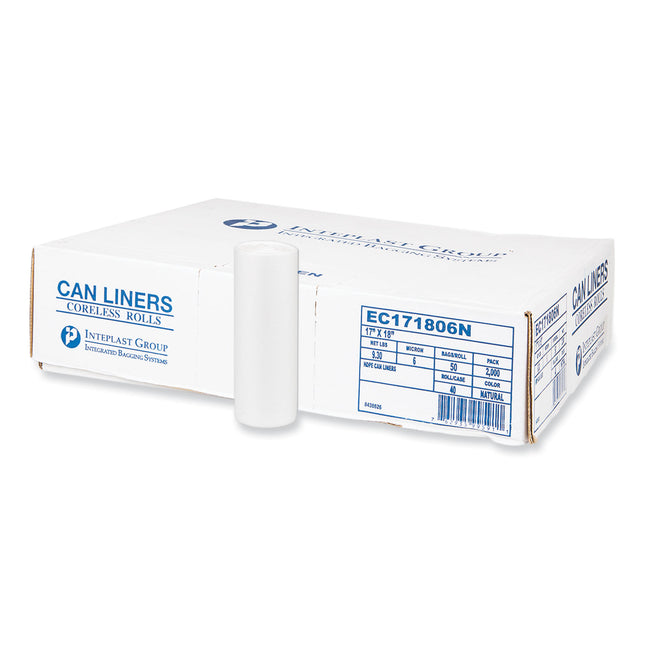 High-Density Commercial Can Liners, 4 gal, 6 mic, 17" x 18", Clear, Perforated Roll, 50 Bags/Roll, 40 Rolls/Carton