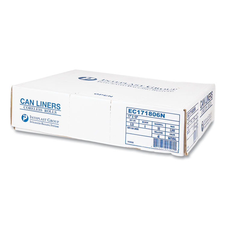 High-Density Commercial Can Liners, 4 gal, 6 mic, 17" x 18", Clear, Perforated Roll, 50 Bags/Roll, 40 Rolls/Carton