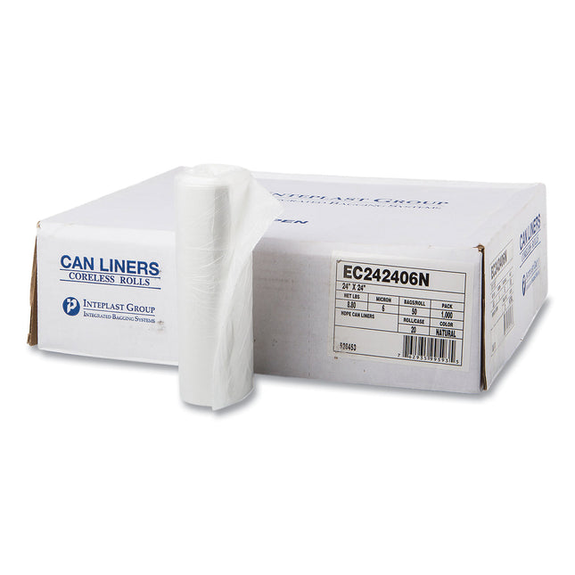 High-Density Commercial Can Liners, 10 gal, 6 mic, 24" x 24", Natural, Perforated Roll, 50 Bags/Roll, 20 Rolls/Carton