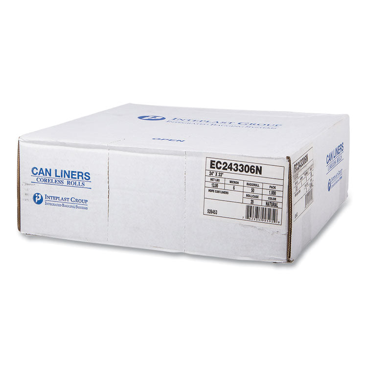 High-Density Commercial Can Liners, 16 gal, 6 mic, 24" x 33", Natural, Perforated Roll, 50 Bags/Roll, 20 Rolls/Carton