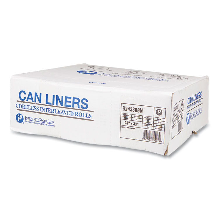 High-Density Commercial Can Liners, 16 gal, 8 mic, 24" x 33", Natural, Interleaved Roll, 50 Bags/Roll, 20 Rolls/Carton