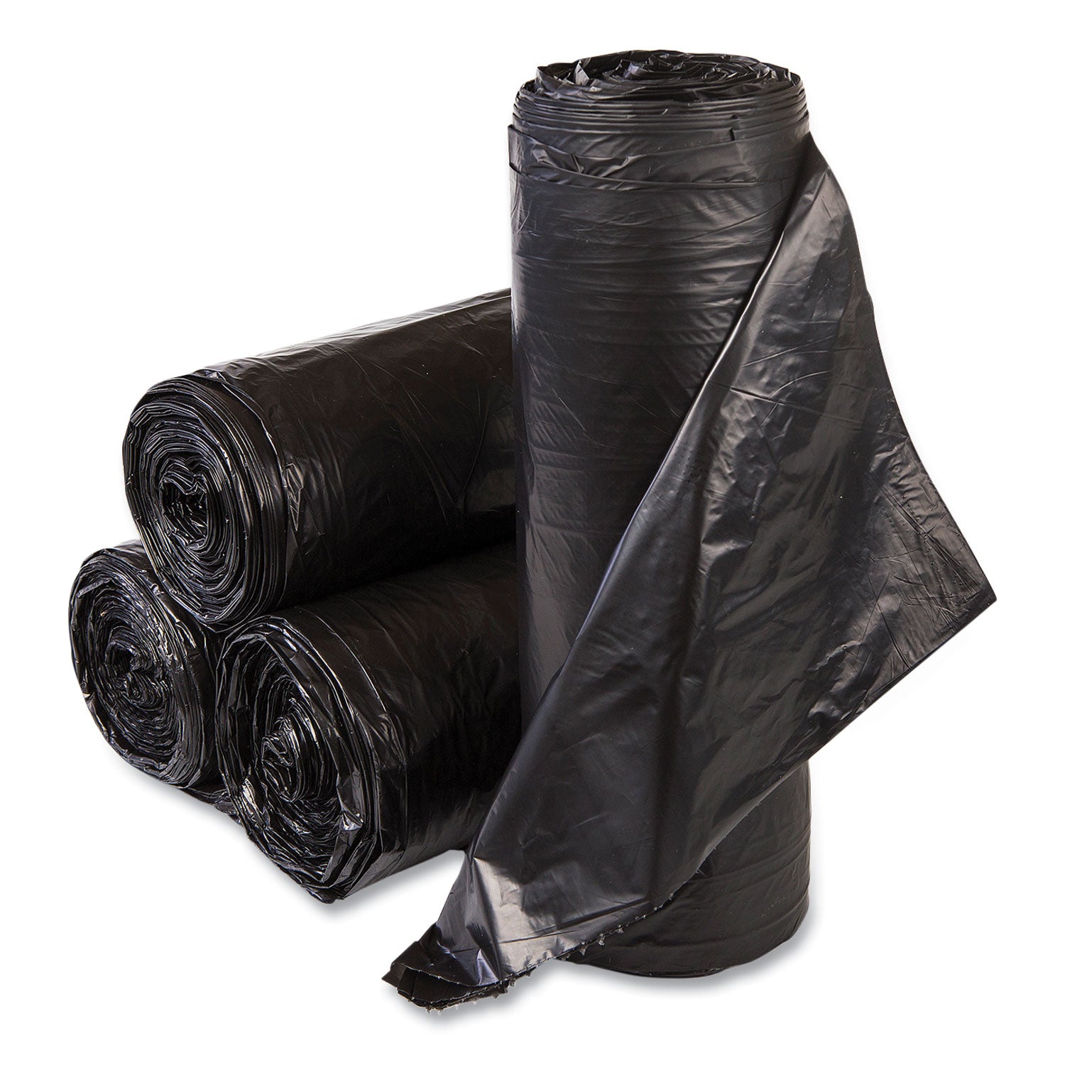 High-Density Commercial Can Liners, 55 gal, 22.1 mic, 36" x 60", Black, Interleaved Roll, 25 Bags/Roll, 6 Rolls/Carton