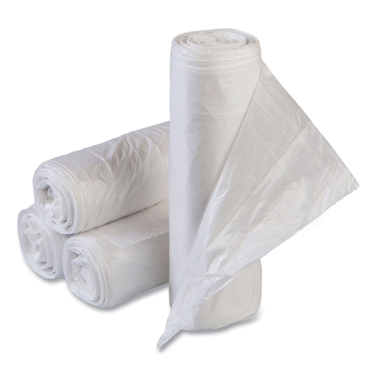 Low-Density Commercial Can Liners, 60 gal, 1.15 mil, 38" x 58", Clear, Interleaved Roll, 20 Bags/Roll, 5 Rolls/Carton