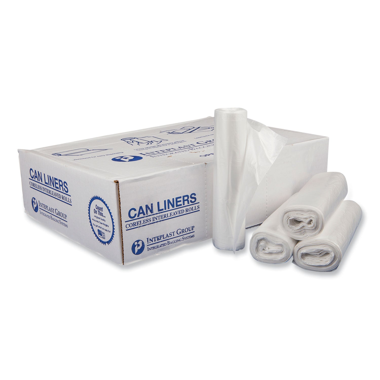 High-Density Commercial Can Liners, 30 gal, 16 mic, 30" x 37", Clear, Interleaved Roll, 25 Bags/Roll, 20 Rolls/Carton