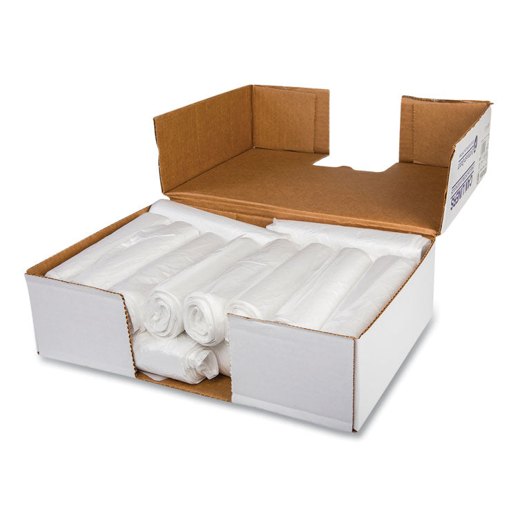 Low-Density Commercial Can Liners, 10 gal, 0.35 mil, 24" x 24", Clear, Perforated Roll, 50 Bags/Roll, 20 Rolls/Carton