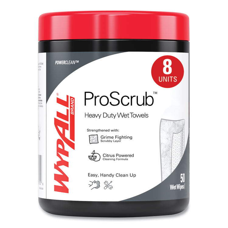 Power Clean ProScrub Pre-Saturated Wipes, 12 x 9.5, Citrus Scent, Green/White, 50/Canister, 8 Canisters/Carton