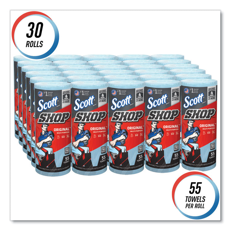 Shop Towels, Standard Roll, 1-Ply, 9.4 x 11, Blue, 55/Roll, 30 Rolls/Carton