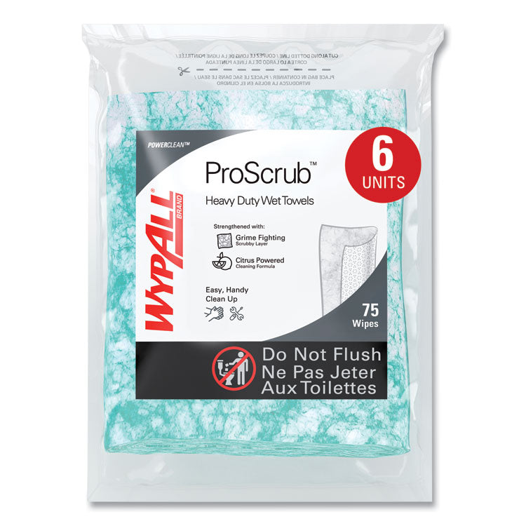 Power Clean ProScrub Pre-Saturated Wipes, 12 x 9.5, Citrus Scent, Green, 75/Pack, 6 Packs/Carton