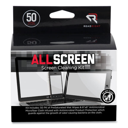 AllScreen Cleaning Kit with (1) 6 x 6 Microfiber Cloth, (50) 4 x 5 Individually Wrapped Pre-Saturated Wipes, Unscented, White