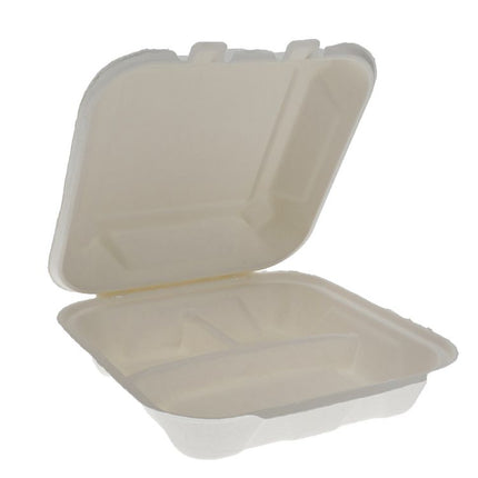 EarthChoice PFAS Free Compostable Hinged Lid Container, 3 Compartments, 8 x 8 x 3, Natural, Sugarcane, 150/Carton