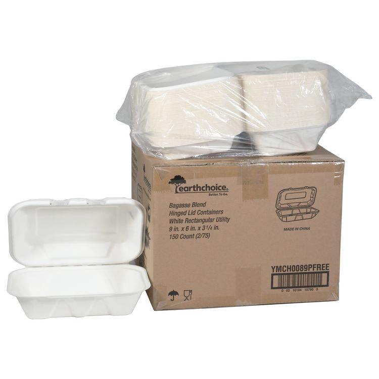 EarthChoice PFAS Free Compostable Hinged Lid Container, 9 x 6 x 3, Natural, Sugarcane, 150/Carton