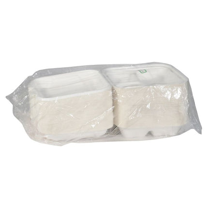 EarthChoice PFAS Free Compostable Hinged Lid Container, 3 Compartments, 8 x 8 x 3, Natural, Sugarcane, 150/Carton