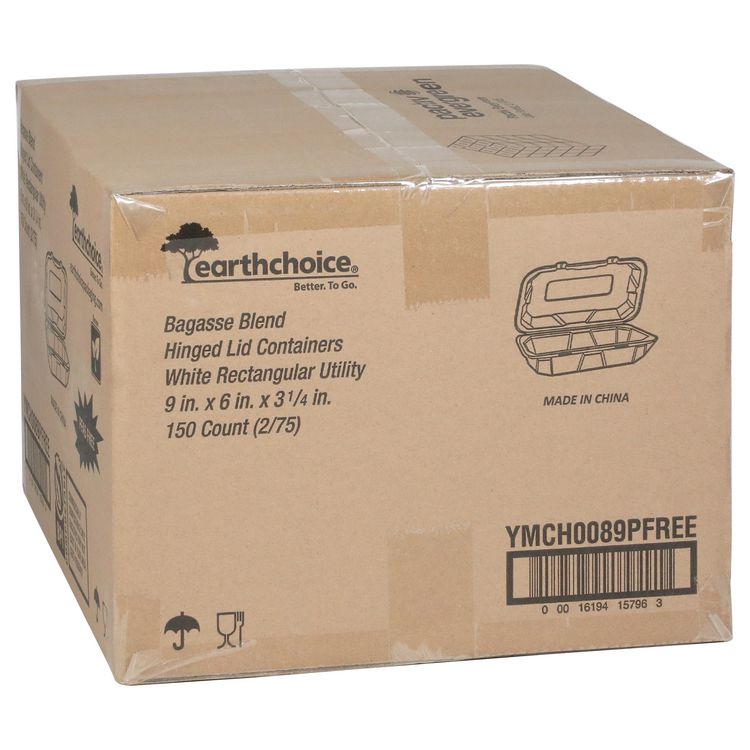 EarthChoice PFAS Free Compostable Hinged Lid Container, 9 x 6 x 3, Natural, Sugarcane, 150/Carton