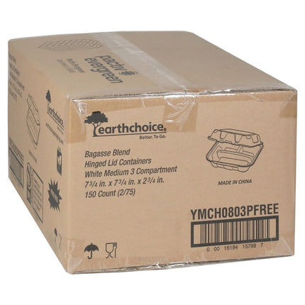 EarthChoice PFAS Free Compostable Hinged Lid Container, 3 Compartments, 8 x 8 x 3, Natural, Sugarcane, 150/Carton