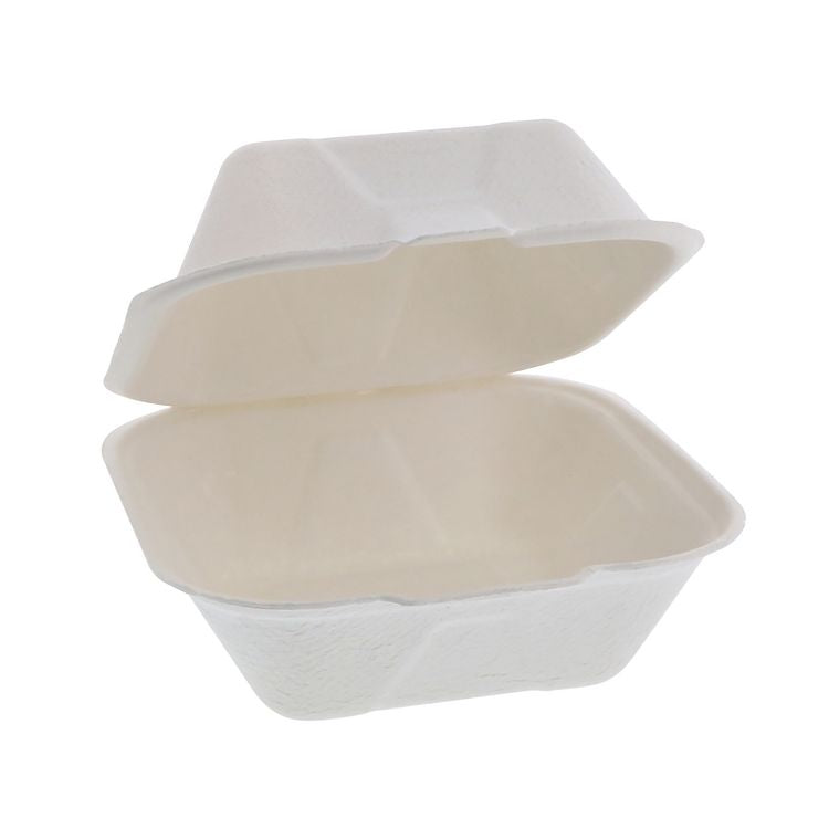 EarthChoice PFAS Free Compostable Hinged Lid Container, 6 x 6 x 3, Natural, Sugarcane, 500/Carton