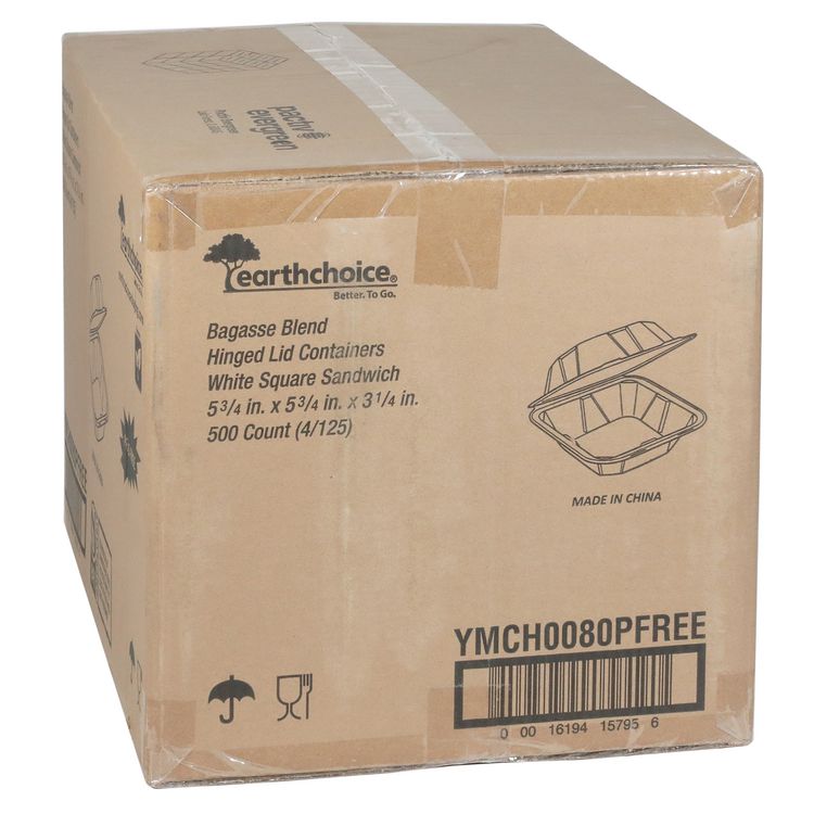 EarthChoice PFAS Free Compostable Hinged Lid Container, 6 x 6 x 3, Natural, Sugarcane, 500/Carton