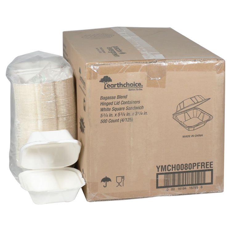 EarthChoice PFAS Free Compostable Hinged Lid Container, 6 x 6 x 3, Natural, Sugarcane, 500/Carton