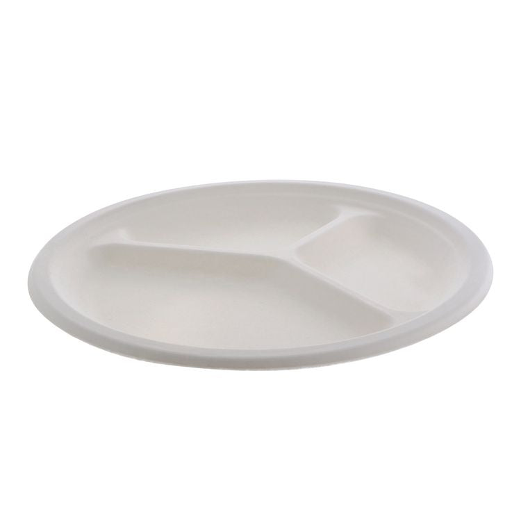 EarthChoice PFAS Free Compostable Dinnerware, 3-Compartment Plate, Sugarcane, 10.25" dia, Natural, 500/Carton