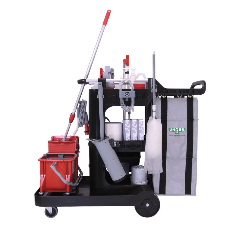 RestroomRx Janitorial Carts with 16 Qt Bucket, Plastic, 2 Shelves, 23.5 x 19 x 25, Black