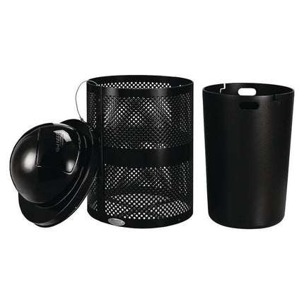 Outdoor Perforated Steel Trash Can with Dome Lid, 36 gal, Steel, Black
