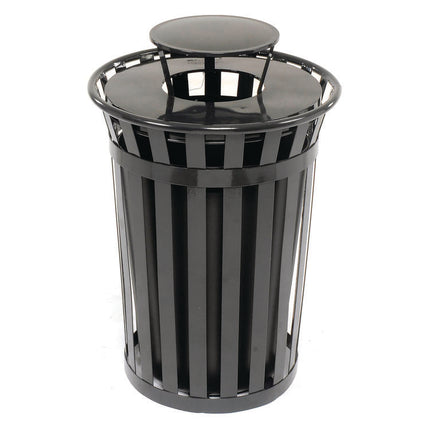 Outdoor Slatted Steel Trash Can, Rain Bonnet Lid, 36 gal, Black
