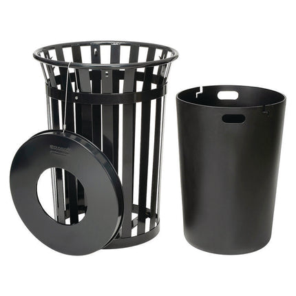 Outdoor Slatted Steel Trash Can, 36 gal, Black