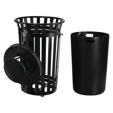 Outdoor Slatted Steel Trash Can, With Access Door and Rain Bonnet Lid, 36 gal, Black