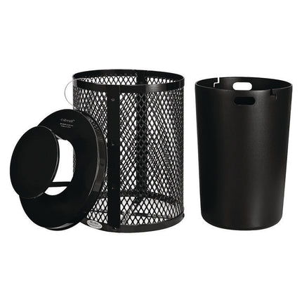 Outdoor Diamond Steel Trash Can, Rain Bonnet Lid, 36 gal, Black