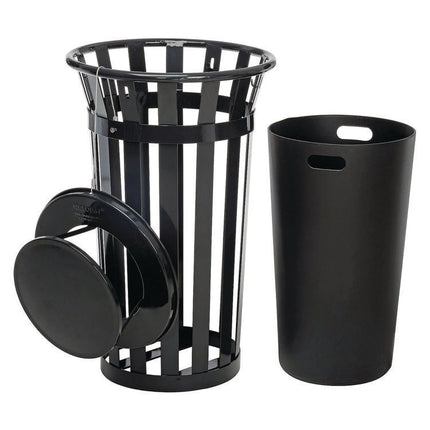 Outdoor Slatted Steel Trash Can, Rain Bonnet Lid, 24 gal, Black