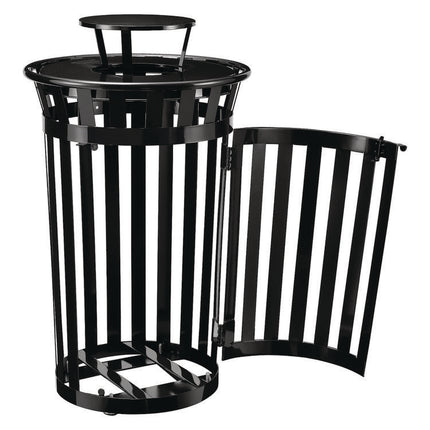 Outdoor Slatted Steel Trash Can, With Access Door and Rain Bonnet Lid, 36 gal, Black