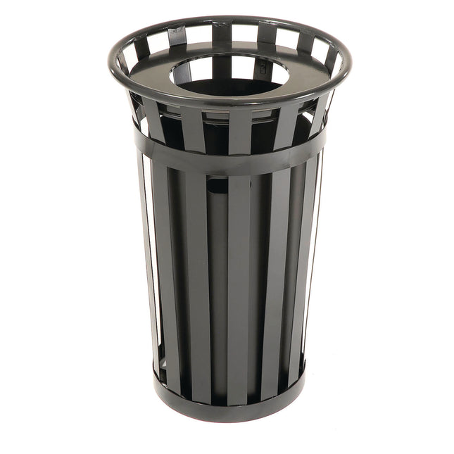 Outdoor Slatted Steel Trash Can, 24 gal, Black