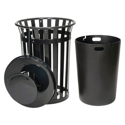 Outdoor Slatted Steel Trash Can, Rain Bonnet Lid, 36 gal, Black